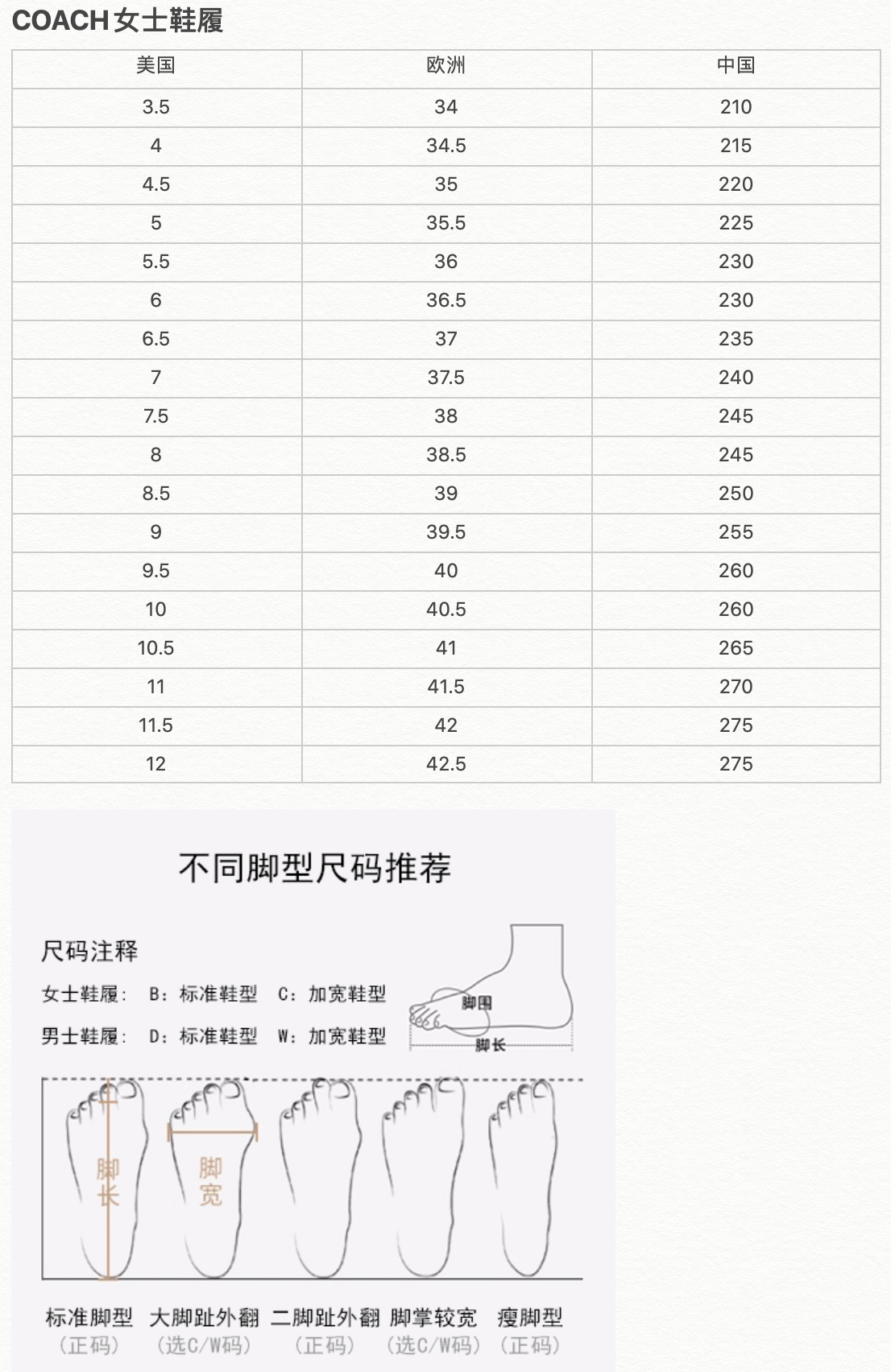 蔻驰尺码对照表中国图片