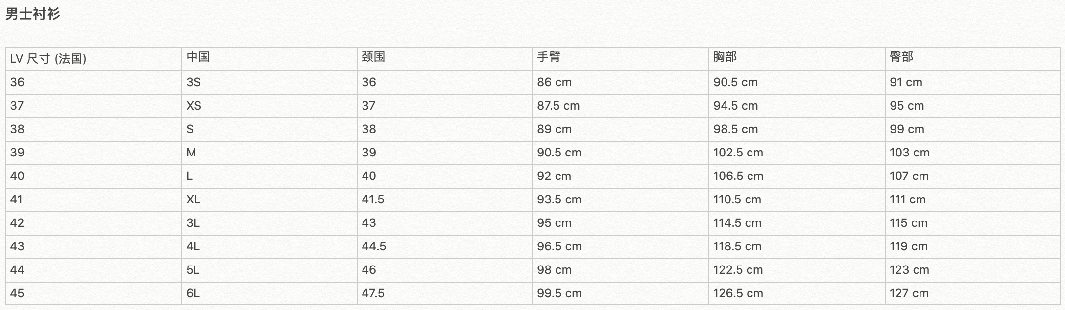 lv衣服尺码对照表中国图片