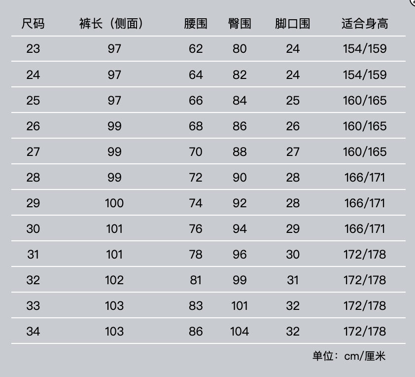韩国裤子尺码表图片