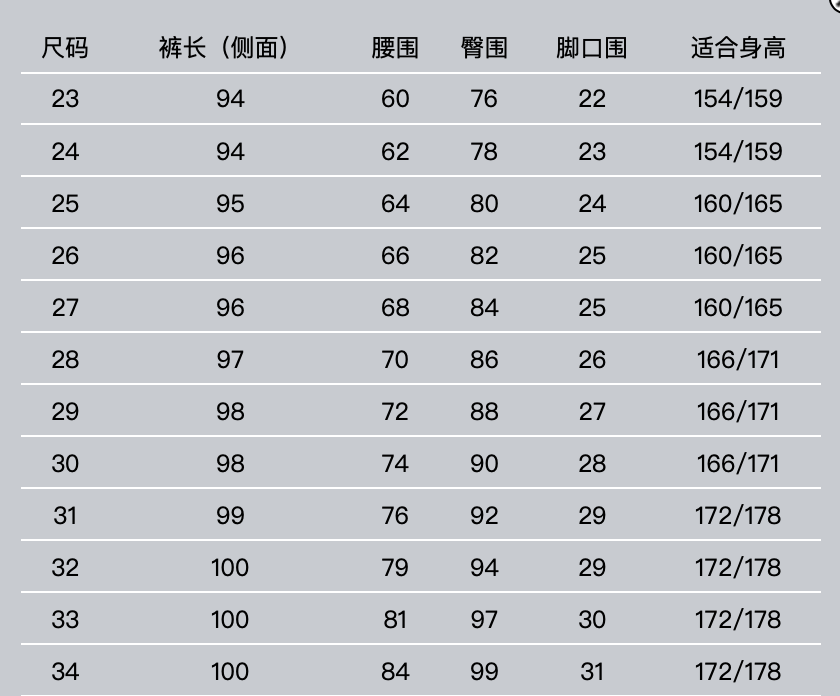 日本裤子尺码对照中国图片
