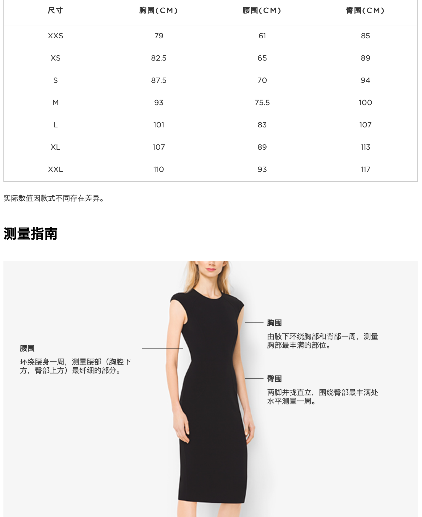 女装连衣裙尺码对照表图片