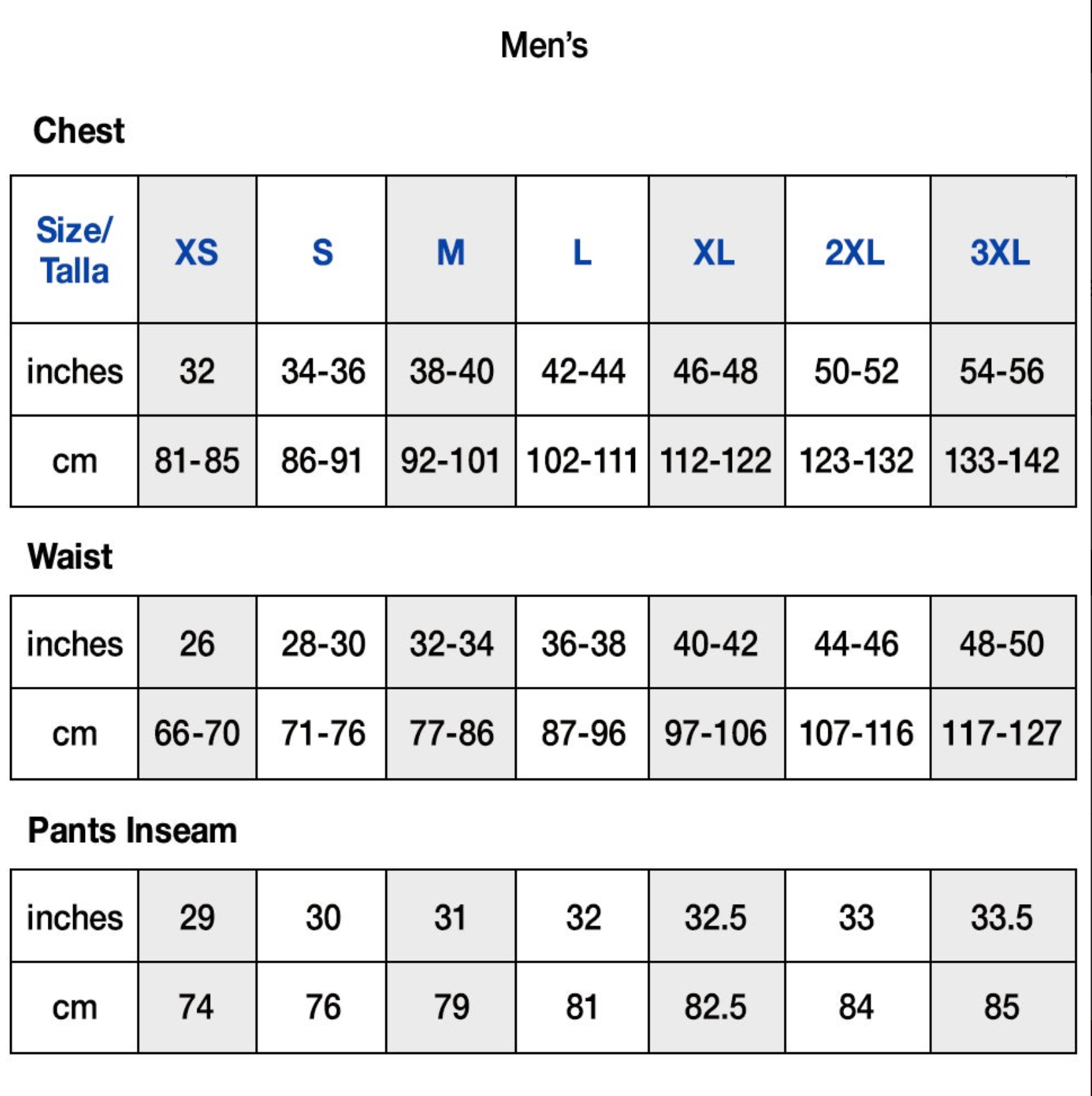 男装标准尺码表图片