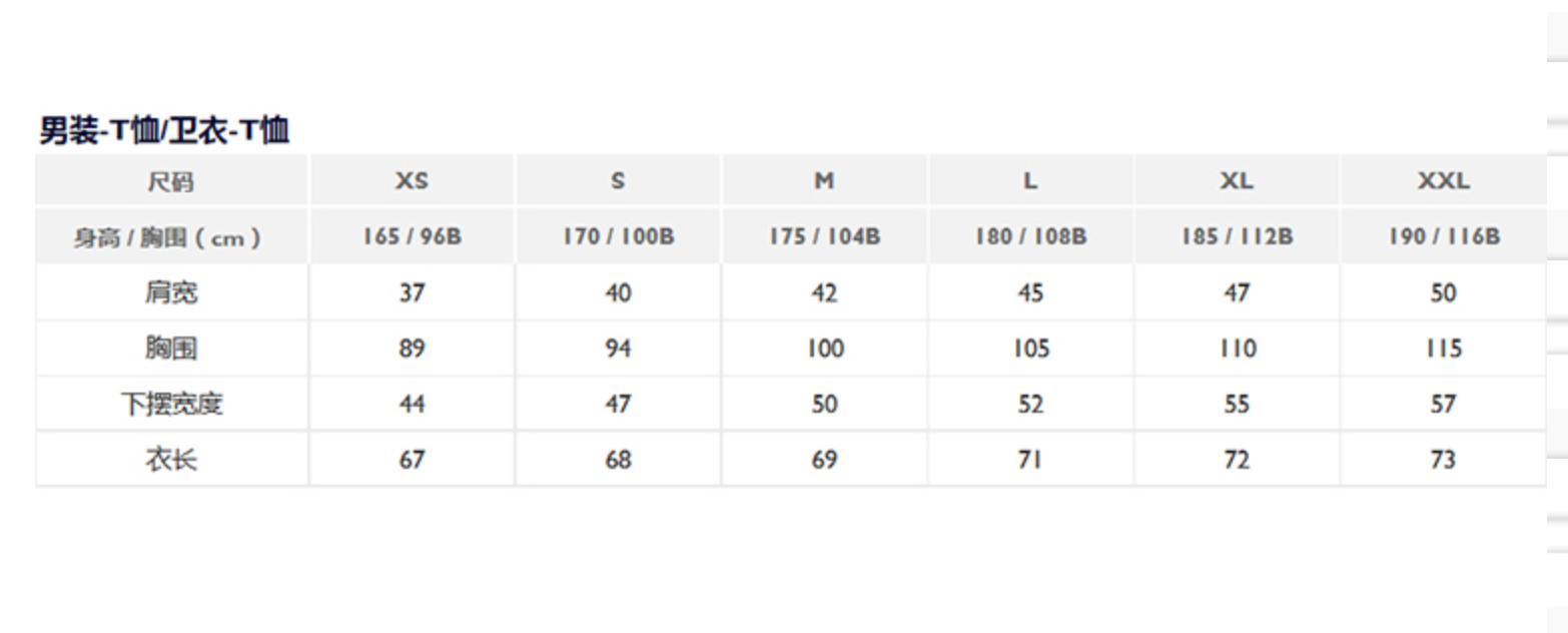 男装t恤尺寸表国际图片