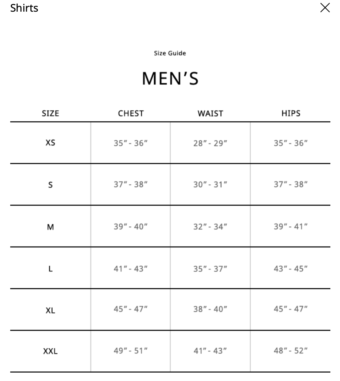 衣服尺码对照表 男生图片