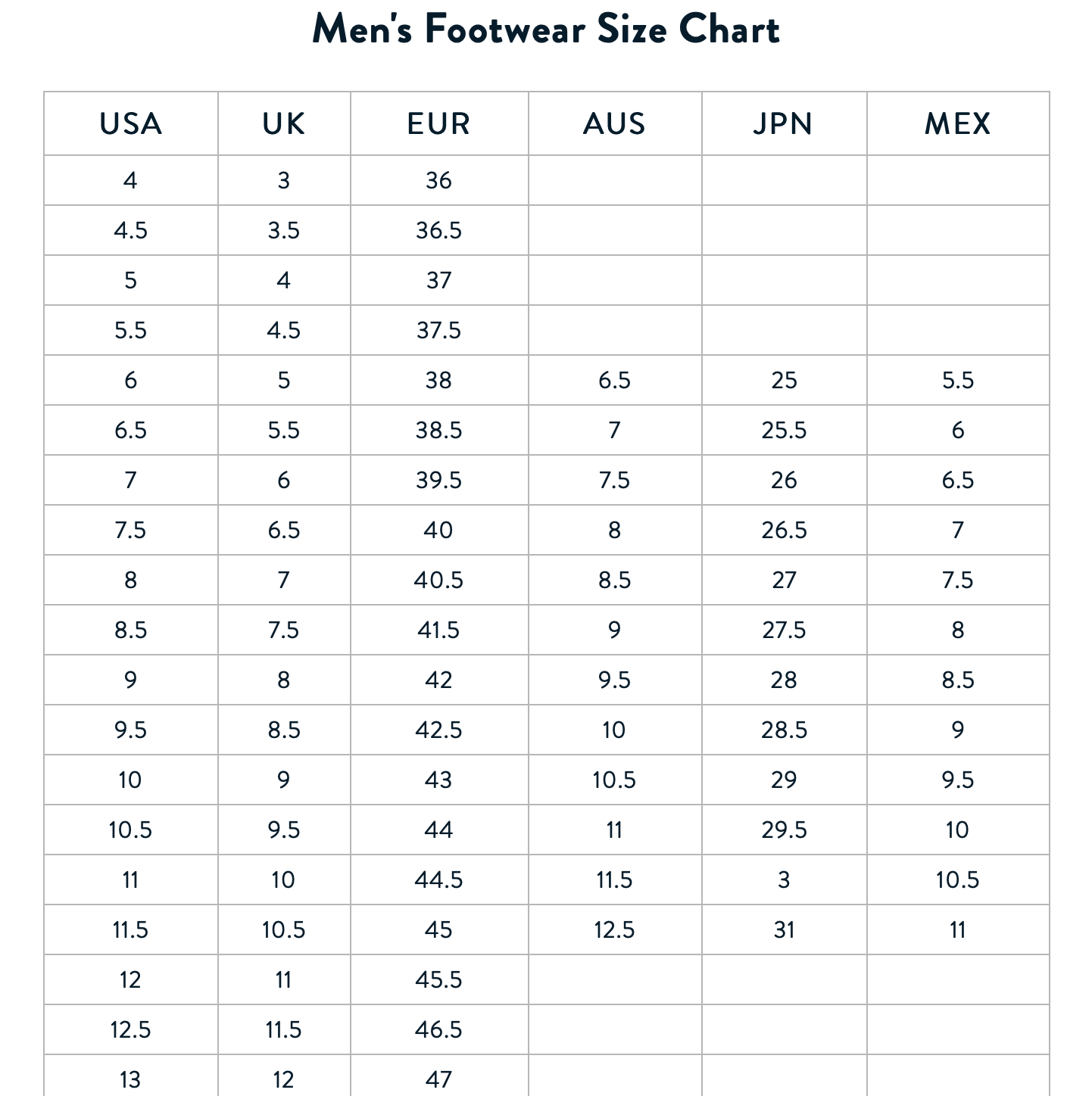 男子游艇鞋尺码表